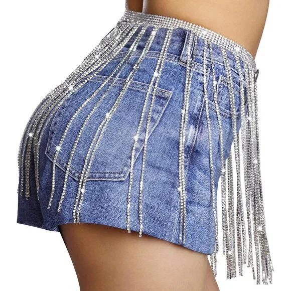 Silver Rhinestone Waist Chain Belt for Women, Festive Body Jewelry - Picture 3 of 7